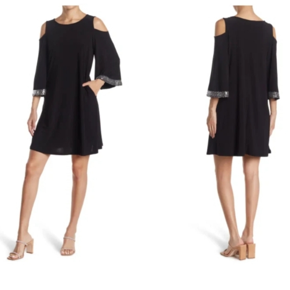 NWT Nina Leonard 2X Black Sequin Cold Shoulder Dress Cocktail Party Glam Evening - Picture 3 of 17